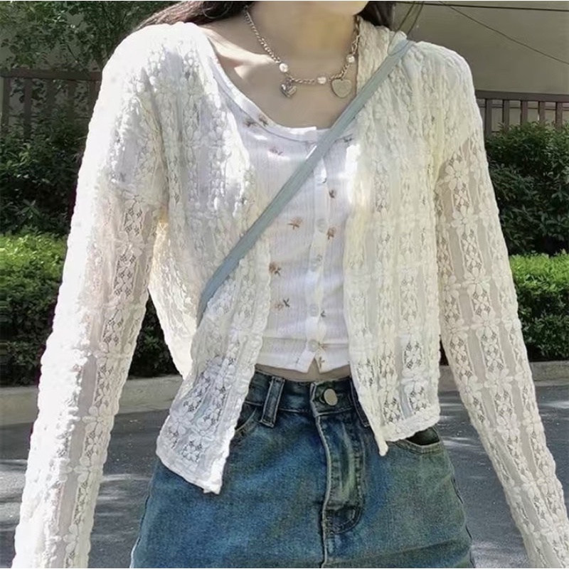 Áo Khoác Cardigan Dài Tay Ren Xuyên Thấu 2021