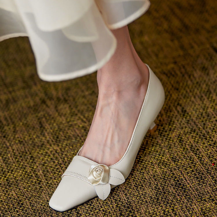 Giày Cao Gót Da Mũi Vuông 5Cm 2022 Thời Trang Mùa Xuân Pháp Cho Cô Dâu