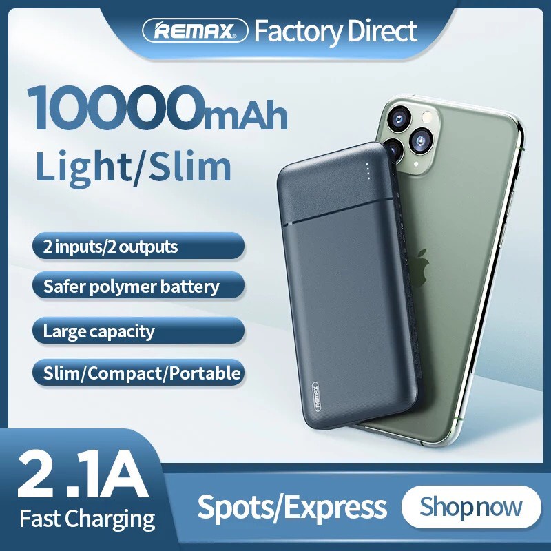Pin Sạc Dự Phòng Remax 10000mAh Model RPP-96 2 Cổng Sạc USB Nhỏ Gọn Chính Hãng Bảo Hành 3 Tháng