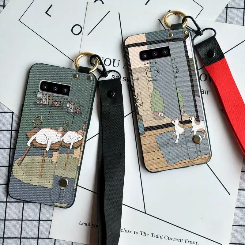 Ốp điện thoại Samsung S10 hình mèo có dây đeo, dây đỡ lưng, dây xỏ tay