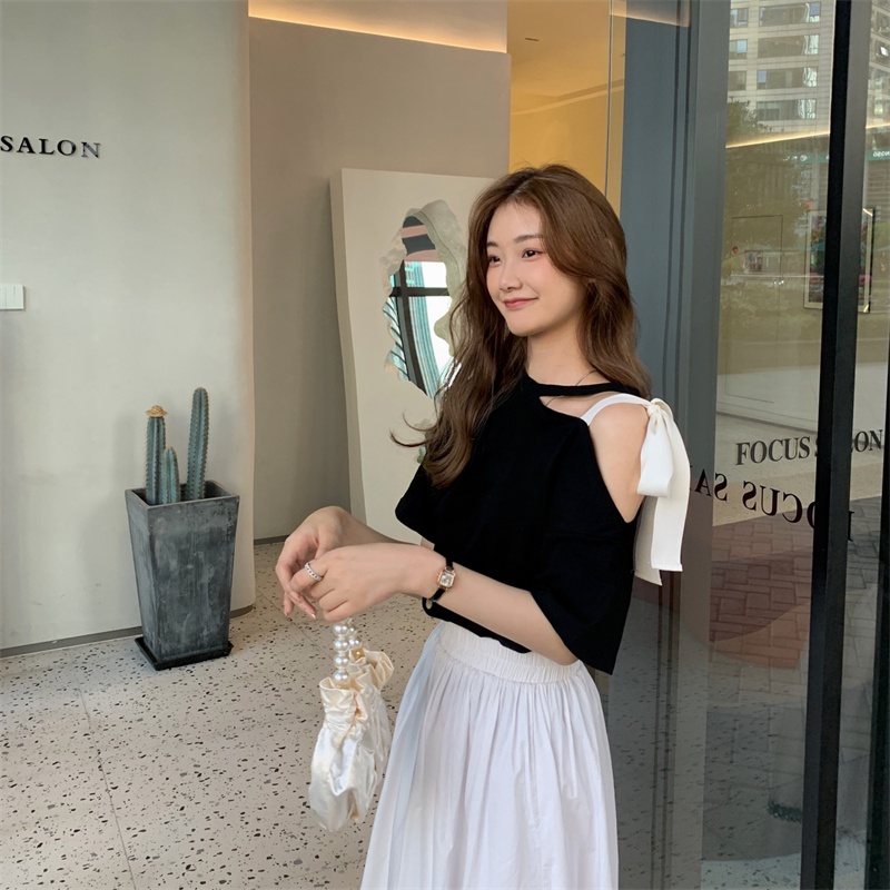 Áo Thun Tay Ngắn Hở Vai Thắt Nơ Phong Cách Hàn Quốc Dành Cho Nữ