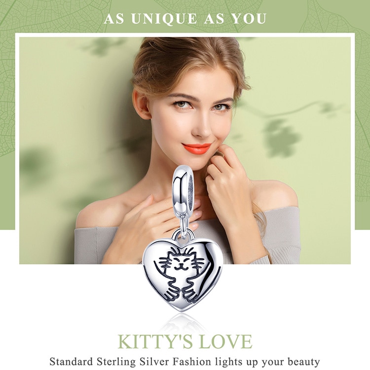 Mặt Trang Sức Bamoer Bằng Bạc 925 Hình Trái Tim Chạm Khắc Hình Chú Mèo Xinh Xắn Dùng Trang Trí Phụ Kiện DIY