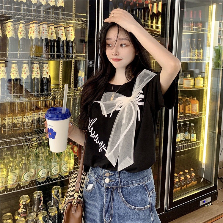 Students feel foreign style bow tie short-sleeved t-shirt girls summer wear personality care machine age-reducing half-sleeved shirt ins trend