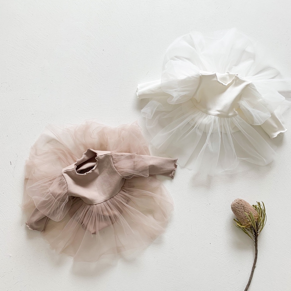 Đầm xòe tay dài phối lưới + băng đô nơ cho bé gái