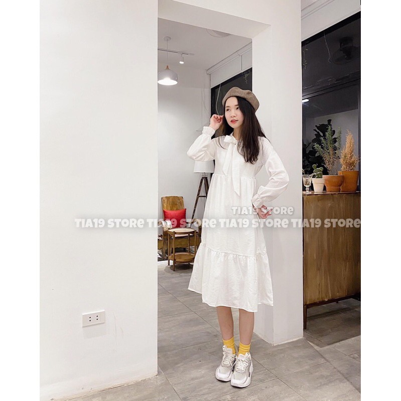 Đầm Babydoll Nơ Ngực 🦋FREESHIP🦋 Váy Nữ Tay Bồng Dáng Suông 2 Màu