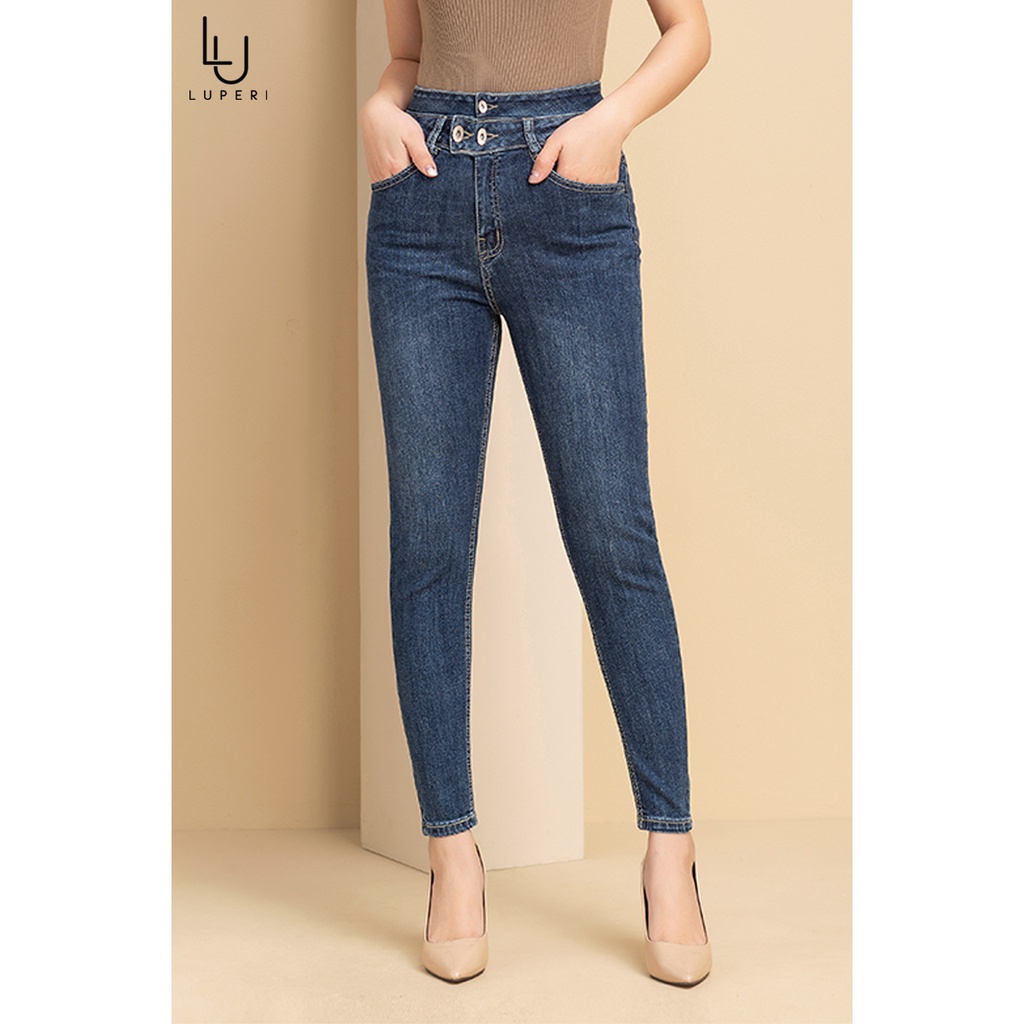 Quần jeans nữ lưng cao 2 cạp 3 cúc Luperi dáng baggy ôm cạp cao from tôn dáng chất jean thun co giãn tốt LFQJ167