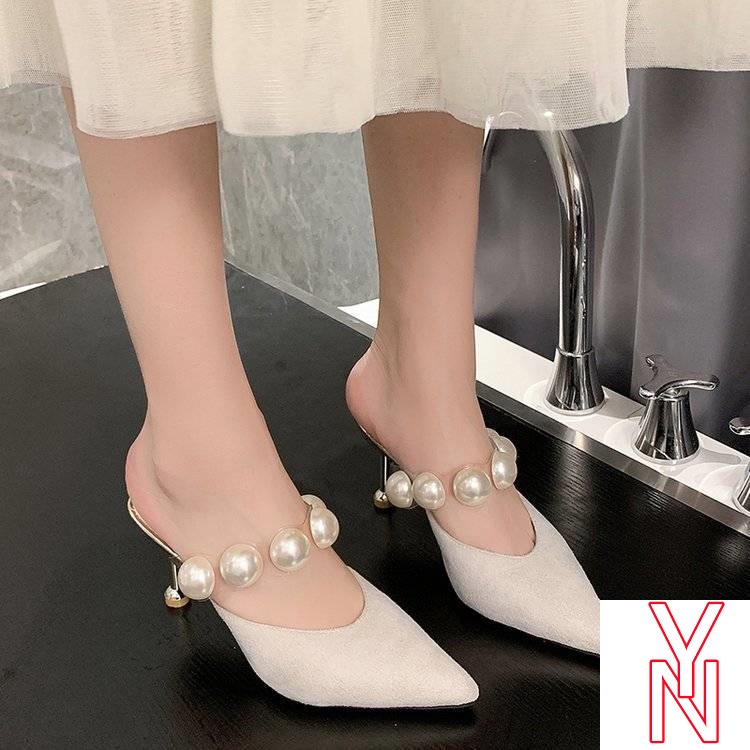 Giày Muller Cao Gót Mũi Nhọn Đính Ngọc Trai Nhân Tạo Màu Đen Thời Trang Mùa Hè Mới Cho Nữ 2021