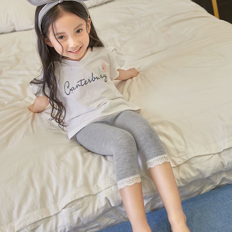 [ZY] Quần Legging Lửng Co Giãn Màu Trơn Viền Ren Bốn Mùa Đơn Giản Dễ Phối Đồ Cho Bé Gái 80-150cm