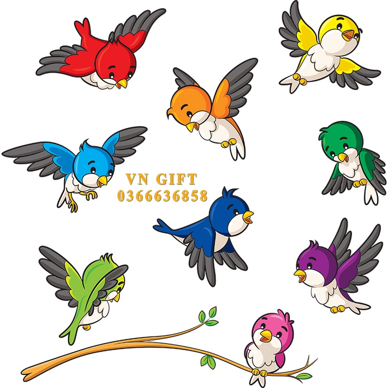 Bộ tranh gỗ 9 Chú chim + cành cây decor cao cấp dán tường, trang trí nhà cửa, phòng khách, có sẵn băng dính 2 mặt