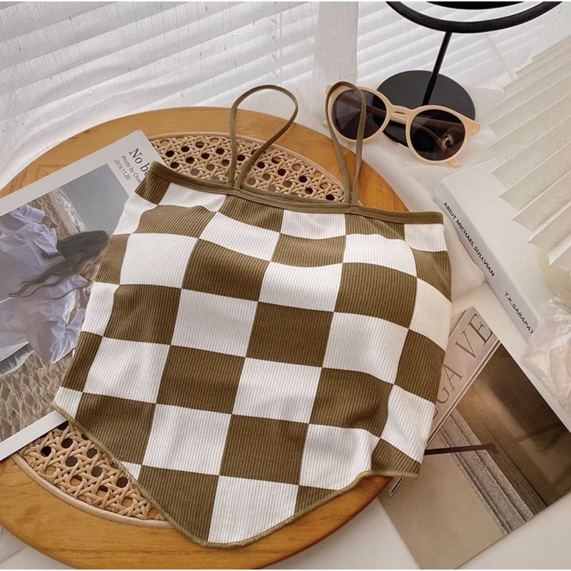 áo 2s 2 dây cotton tăm kiểu vạt yếm hoạ tiết sọc caro - ô bàn cờ hot hit (có đệm mút liền áo) 666#