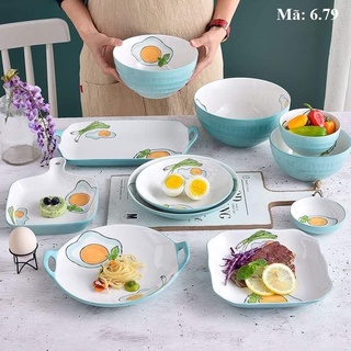 [LẺ MÓN] Bát đĩa họa tiết trứng rán, bát ăn cơm, tô, bộ đồ bàn ăn: 6.79