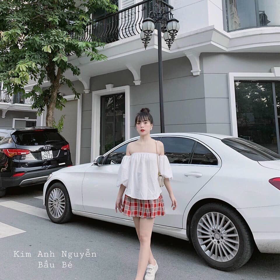 Sét đầm áo tay ngắn trễ vài kết hơp váy caro siêu xinh TTSA1106