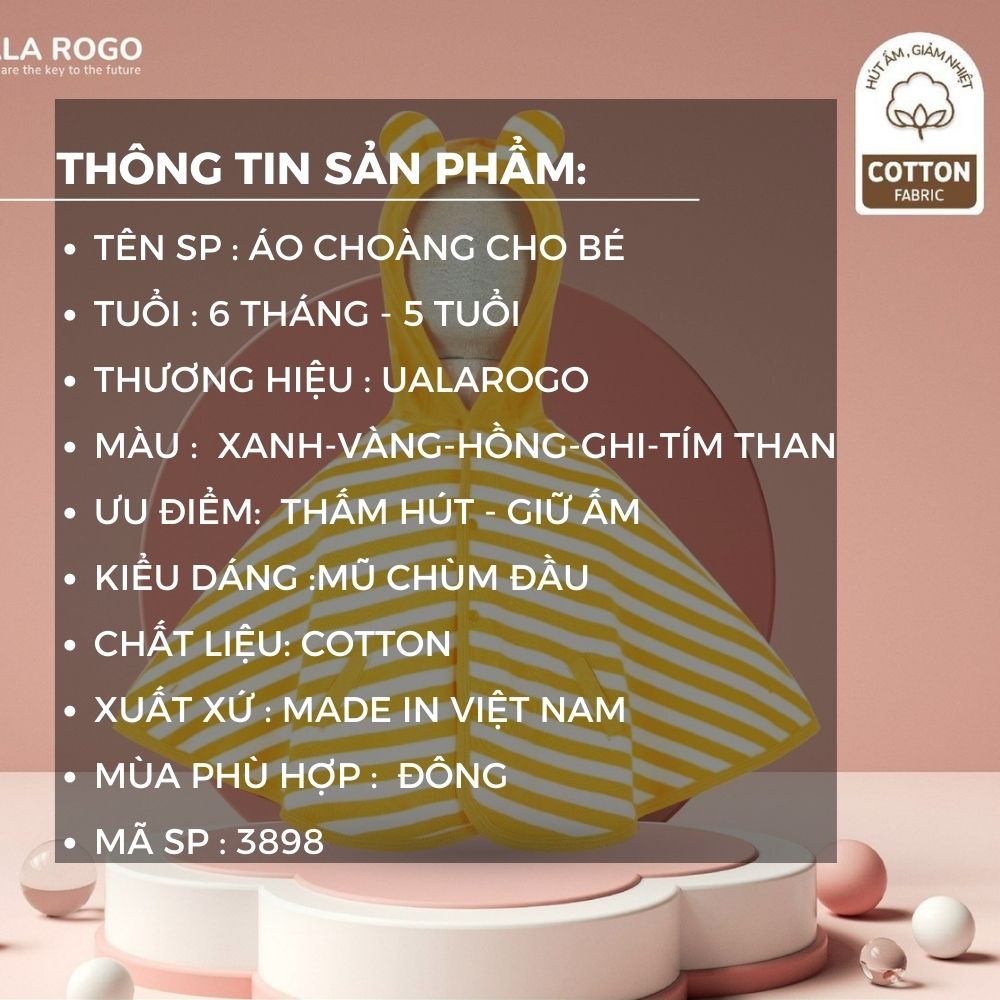 Áo chống nắng cho bé Ualarogo 6 tháng - 5 tuổi vải cotton 4 mùa hình tai gấu có túi 3898