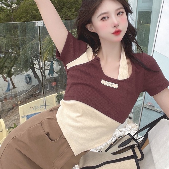 【ZHELIHANGFEI】 Áo Thun Tay Ngắn Giả Hai Lớp Màu Sắc Tương Phản