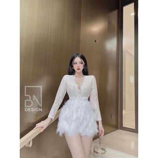 Đầm lông vũ phối ren dài tay