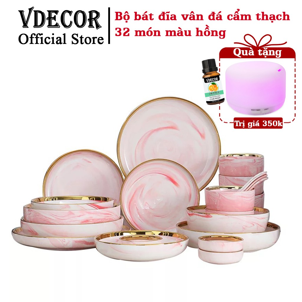 Bộ bát đĩa Vdecor vân đá 32 món cao cấp phong cách châu Âu viền vàng sang trọng - Hồng