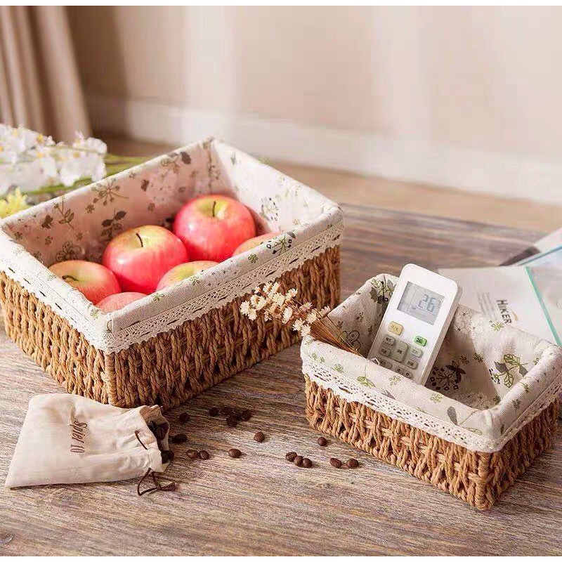 Giỏ cói lót vải hoa nhí vintage, giỏ đi picnic hình chữ nhật đựng đồ, hộp cói đựng đồ (Giỏ mây mềm lót vải)