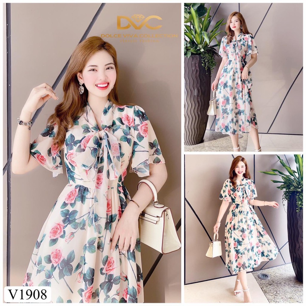 VÁY XÒE HOA HỒNG CỔ NƠ ĐẸP KIỂU DIỄM NỮ DK130 | BigBuy360 - bigbuy360.vn