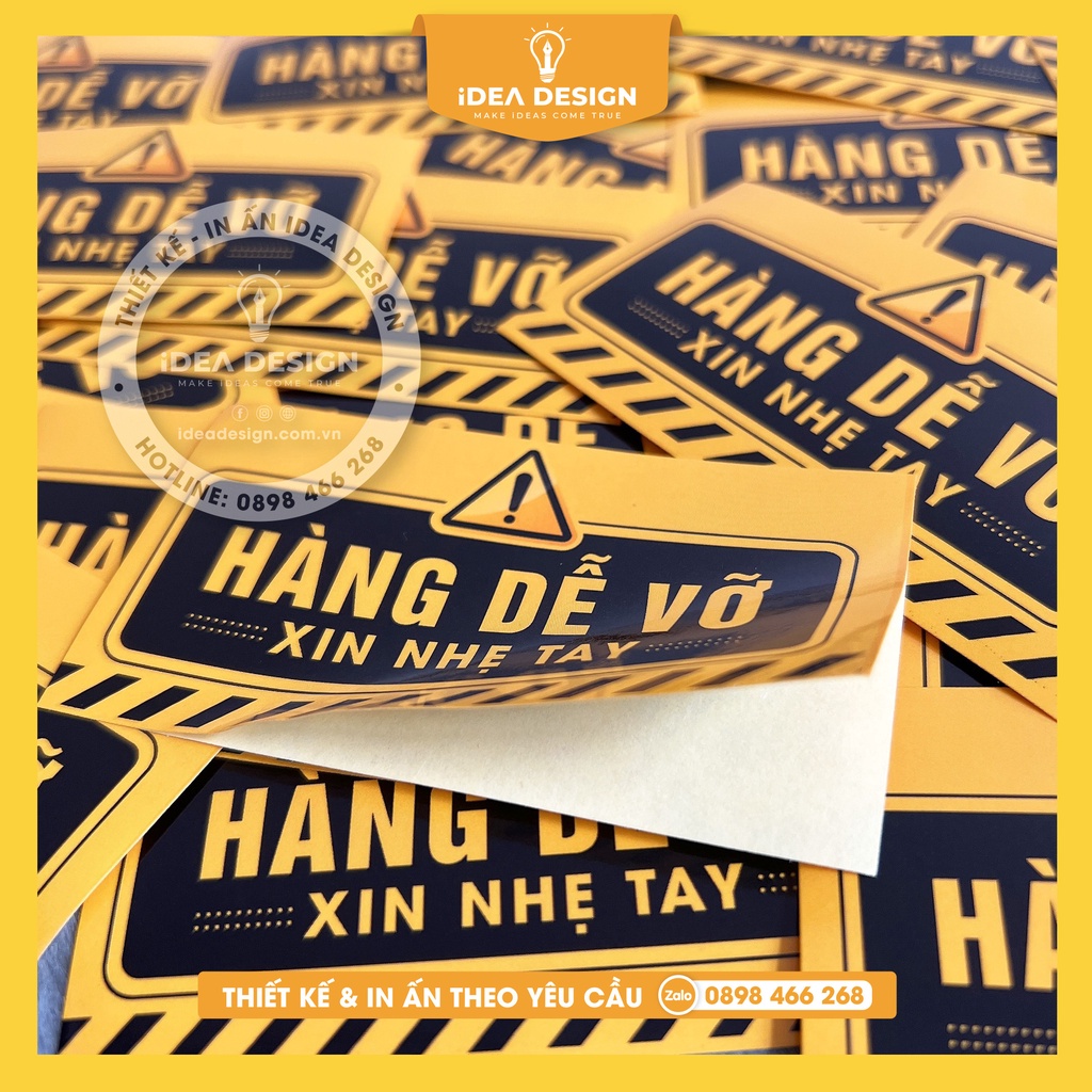Nhãn dán, Decal Chú Ý HÀNG DỄ VỠ XIN NHẸ TAY có keo dán - MÀU VÀNG  - Size 9x5cm - Cán màng bóng hạn chế chống nước