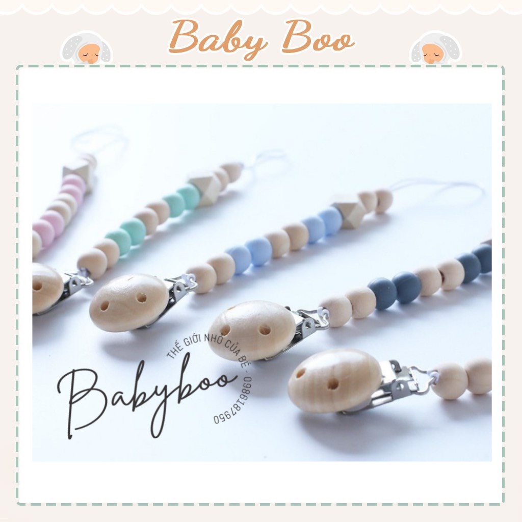 Dây đeo, kẹp ti giả , gặm nướu bằng gỗ cho bé [ babyboo]