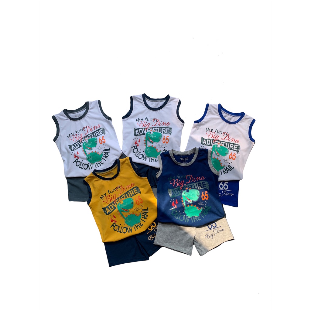 Đồ bộ bộ quần áo ba lỗ bé trai in hình khủng long chất liệu thun cotton 100% co giản 4 chiều cho bé từ 11-36kg