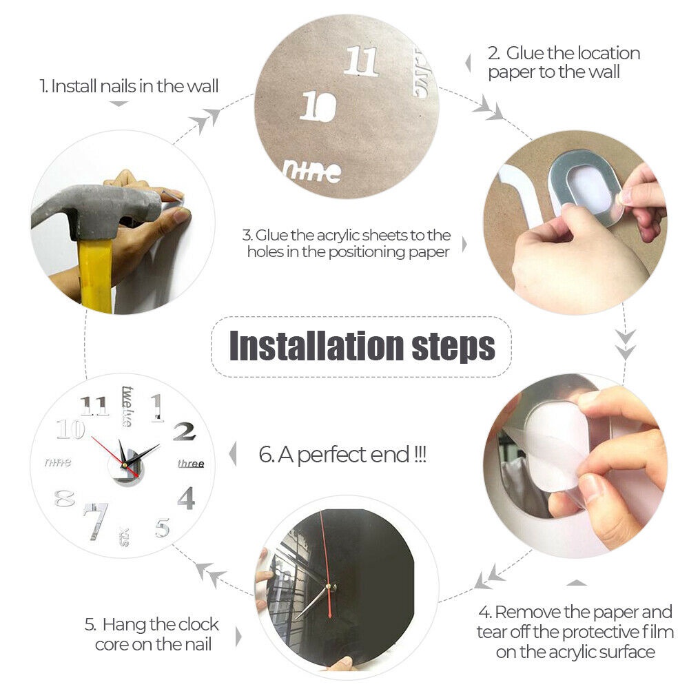 Đồng Hồ Dán Tường 3D DIY Mặt Gương Kim Loại Tráng Gương Độc Đáo