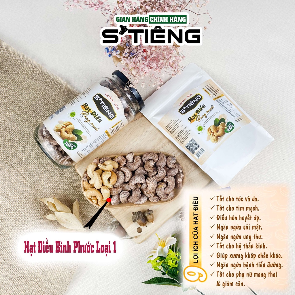 500Gr Hạt Điều Rang Muối STIÊNG  SẠCH VỎ Nguyên Hạt Loại A Hủ Thuỷ Tinh