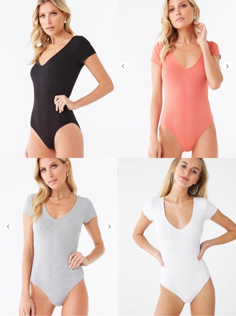 Bodysuit Cổ V Tay Ngắn Thun Gân Basic F21