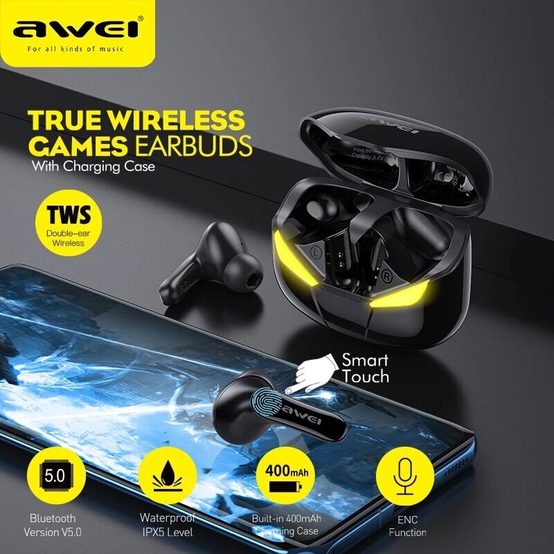 Featured AWEI T35 Gaming Bluetooth Earbuds Low Latency Wireless Smart Touch Control Headphone