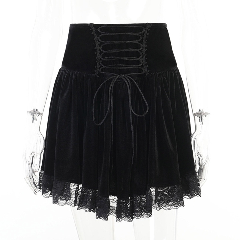 Chân Váy Chữ A Lưng Cao Màu Đen Phối Dây Rút Phong Cách Gothic