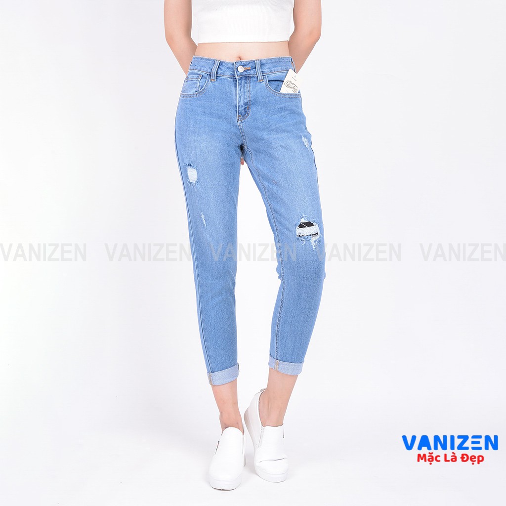 Quần jean nữ ống rộng baggy đẹp lưng cao cạp căn bản rách đắp hàng hiệu cao cấp mã 3733 VANIZEN