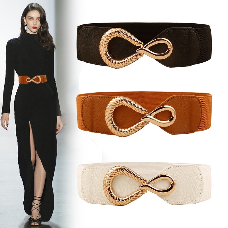 Thắt Lưng Da PU Bản Rộng Co Giãn Phối Khóa Cài Vàng Thanh Lịch Cho Nữ