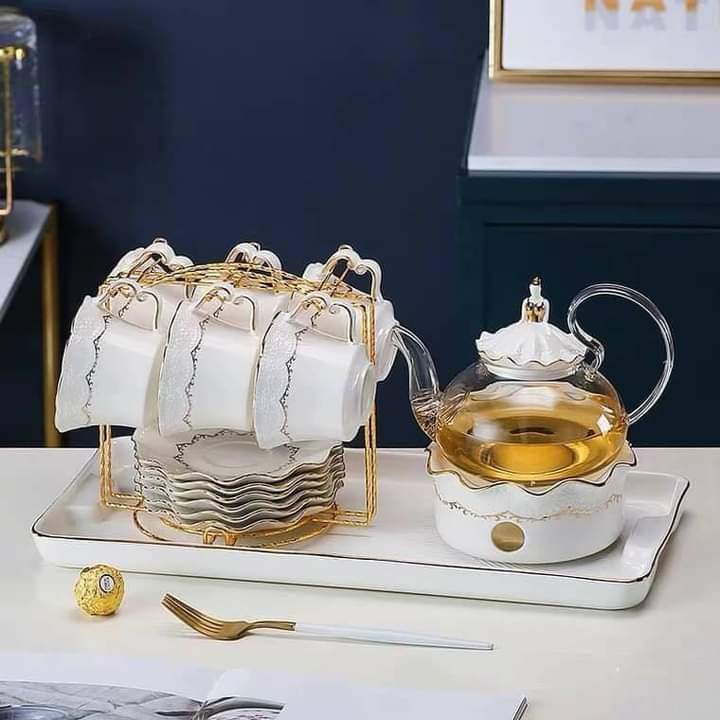 Bộ ấm chén uống trà, bộ trà kèm khay cao cấp, Bộ tách trà sứ xương phong cách hoàng gia khay chữ nhật có đế hâm nóng