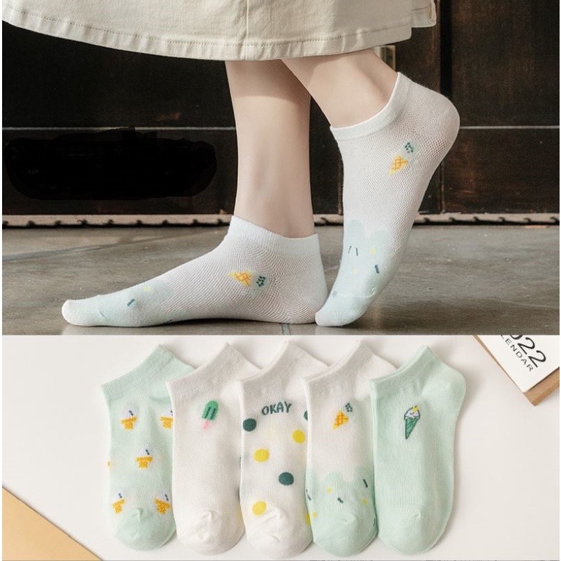 Set 10 Đôi Tất Vớ Nữ Ngắn Cổ Green Cream Cute Như Hình