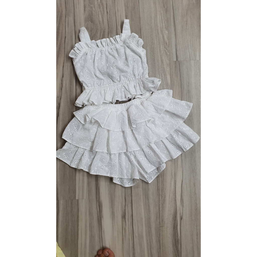 Set áo hai dây kèm quần váy 3 tầng ren lỗ MiniCloset made in Korea thoáng mát cho bé gái 1 2 3 4 5 6 7 tuổi Hàn Quốc