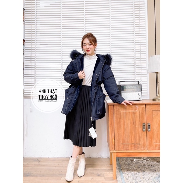 Áo Khoác Parka nữ lót lông mẫu mới 2021 dây rút eo túi ốp sành điệu Ulzzang Lông mũ tháo rời IMES SHOP 1476