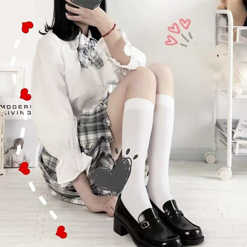 Tất Vớ Cotton Mỏng Co Giãn Ngang Bắp Đùi Trơn Kiểu Nữ Sinh JK