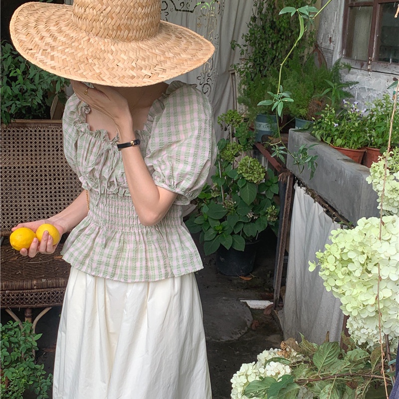 SUXI Áo Sơ Mi Tay Ngắn Dáng Ôm Kẻ Sọc Ca Rô Kiểu Vintage Hàn Quốc Dễ Phối Đồ