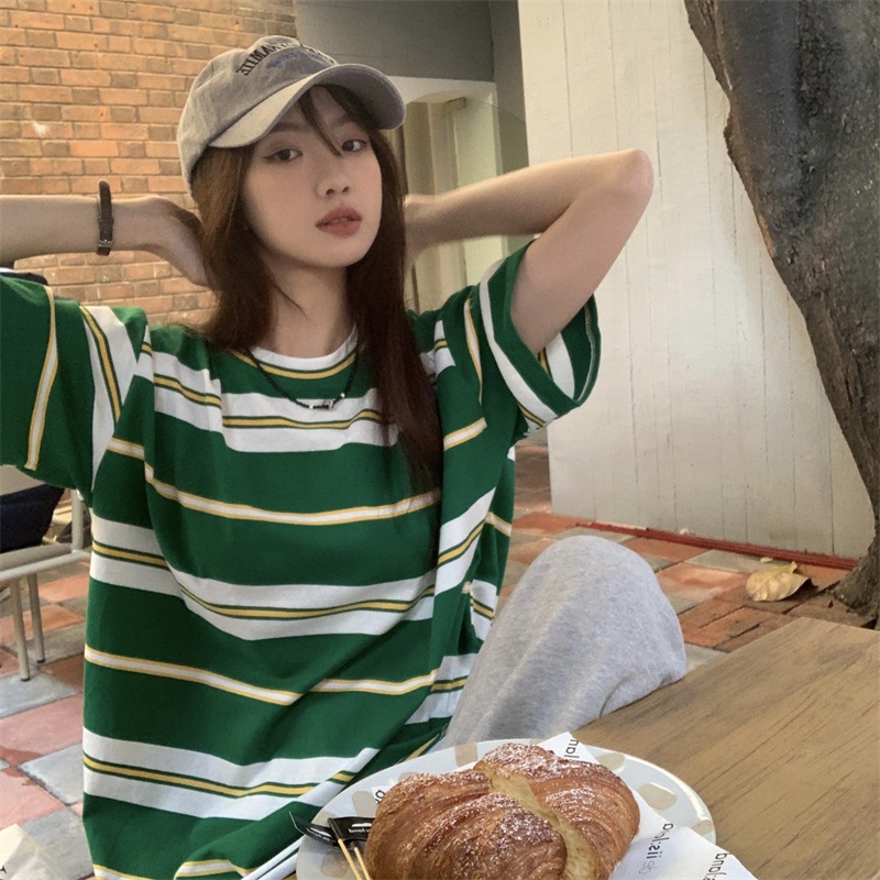 Áo Thun Ngắn Tay Cổ Tròn Dáng Rộng Họa Tiết Kẻ Sọc Phong Cách Retro Thời Trang Mùa Hè Cho Nữ