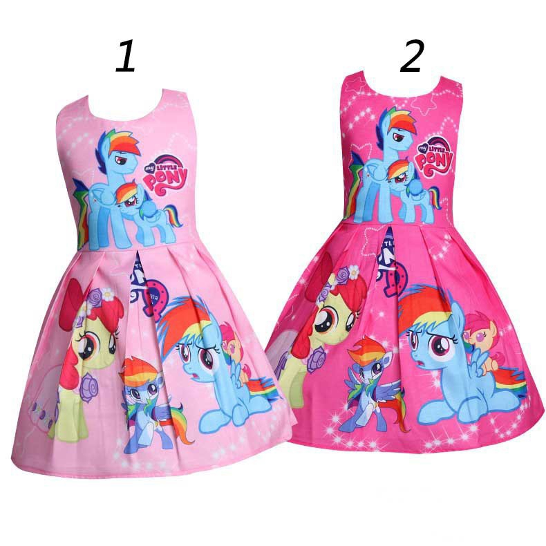 Đầm công chúa màu hồng in hình ngựa con hoạt hình cho bé gái
