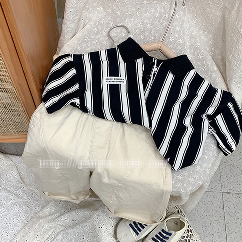 Áo Sơ Mi Polo Ngắn Tay Họa Tiết Sọc Dọc Phong Cách Hàn Quốc Mẫu Mới Thời Trang Mùa Hè Cho Bé Trai