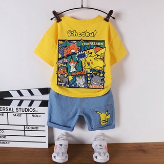 Set Áo Thun Cotton Tay Ngắn Cổ Tròn In Hình Pikachu Hoạt Hình + Quần Short Denim Cho Bé 0-6 Tuổi
