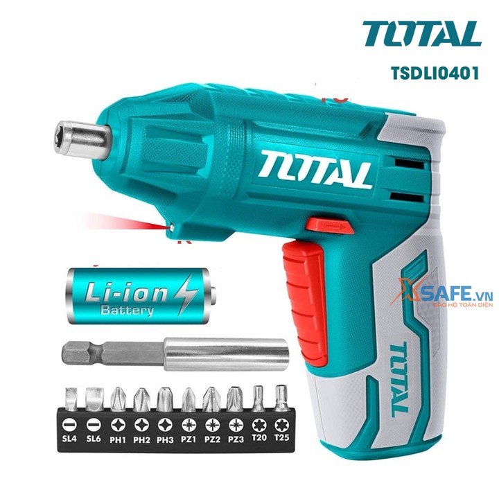 Máy siết vít dùng pin Lithium 4V TOTAL TSDLI0401 Tặng kèm cục sạc 2 giờ, 10 mũi siết vít 25mm, 1 mũi từ [máy bắn vít]