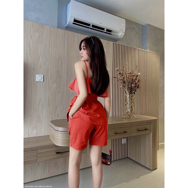 (Có size lớn) Set bộ 2 dây kiểu dáng peplum thắt nơ eo phối quần short ngắn LỤA LINEN cho bạn nữ dạo phố
