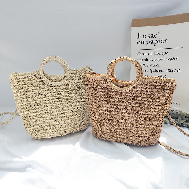 Túi cói mềm Bucket đeo vai - hình chậu - quai xách tròn - dây rút - phong cách Vintage