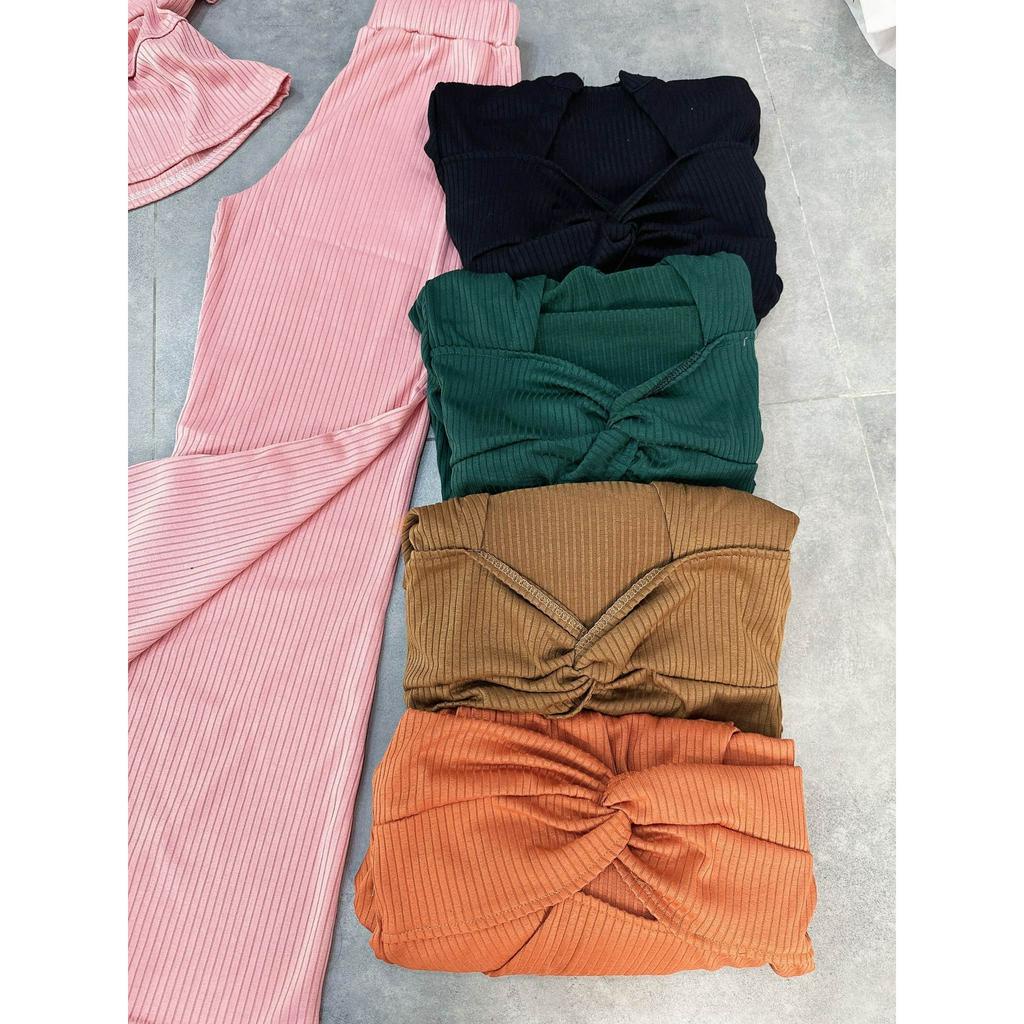 Đồ bộ nữ, set đồ bộ quần ống loe đai cao và áo croptop ôm ngắn tay cổ sơ mi khoét ngực vải gân tăm, bộ đồ mặc ở nhà nữ