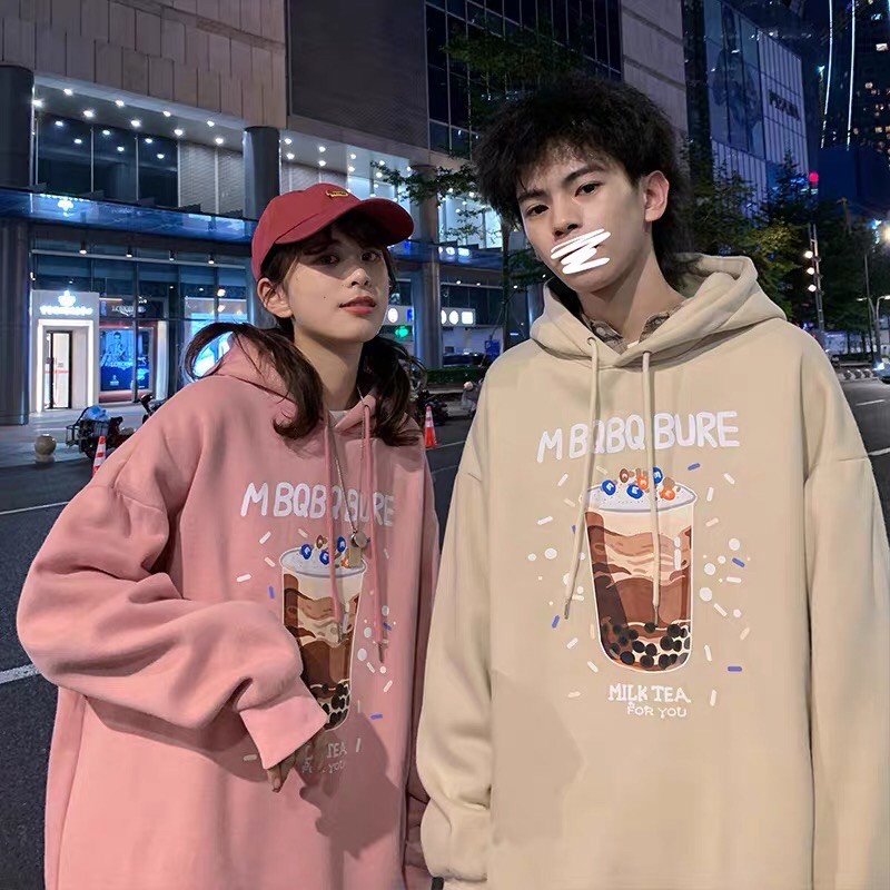 Áo Hoodie Boin store, áo khoác nỉ bông cao cấp in hình trà sữa 3 MÀU KEM/ĐEN/HỒNG_UNISEX NAM NỮ