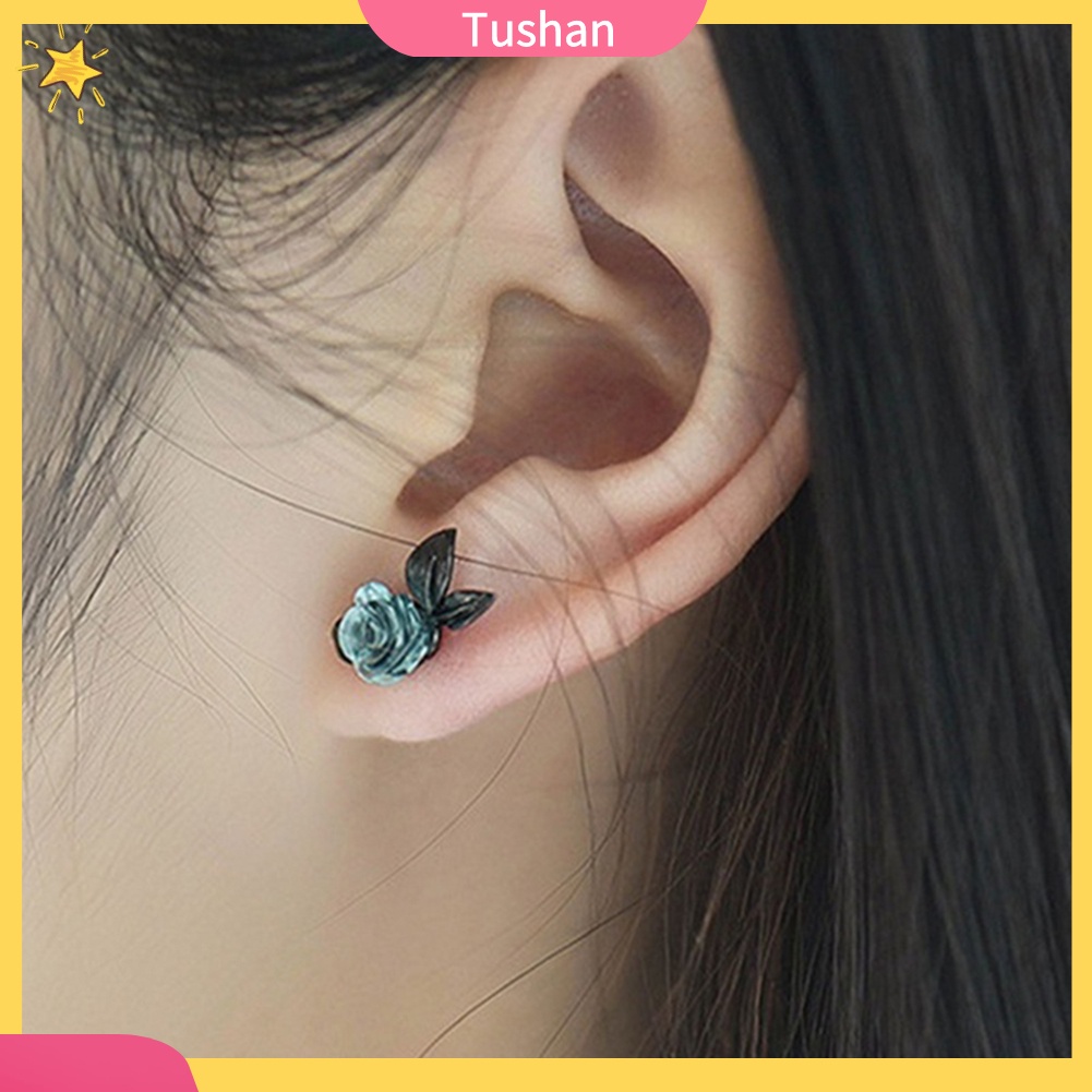 TUSH_Fashion Women Asymmetric Thorns Branch Rose Flower Ear Stud Earrings Jewelry