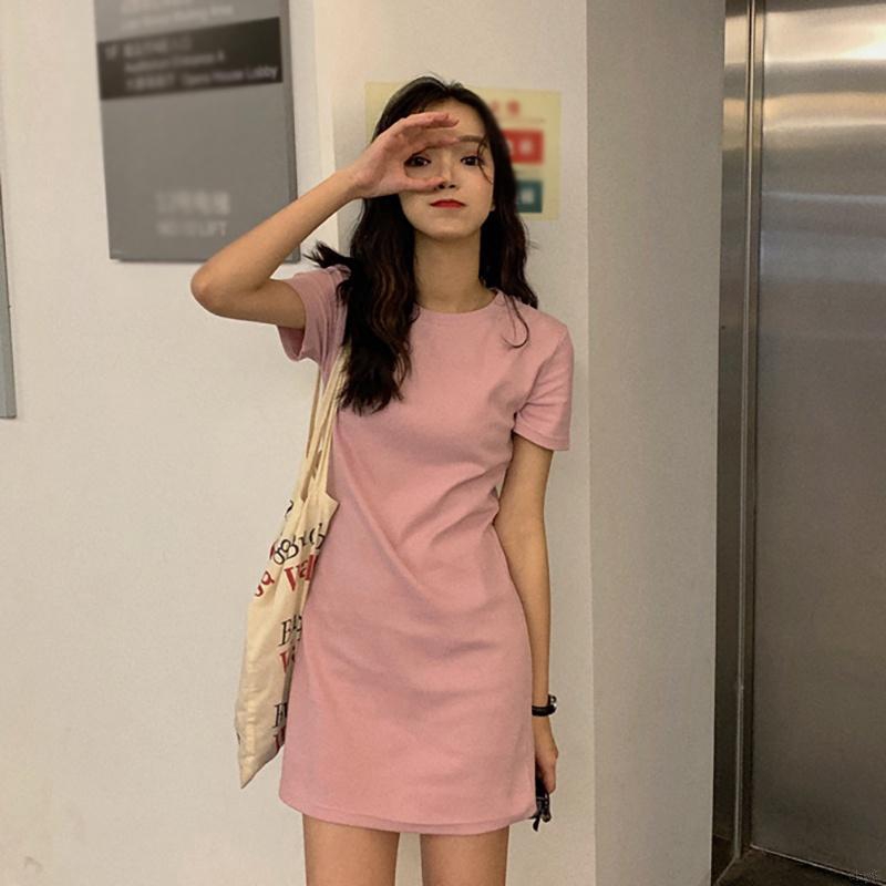 Đầm Chữ A Tay Ngắn Cổ Tròn Màu Trơn Phong Cách Hàn Quốc Thời Trang Cho Nữ
