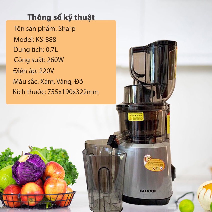 Máy ép trái cây Sharp KS-888 - Máy ép chậm thế hệ mới - Siêu kiệt bã - Loại phễu to - Hàng chính hãng